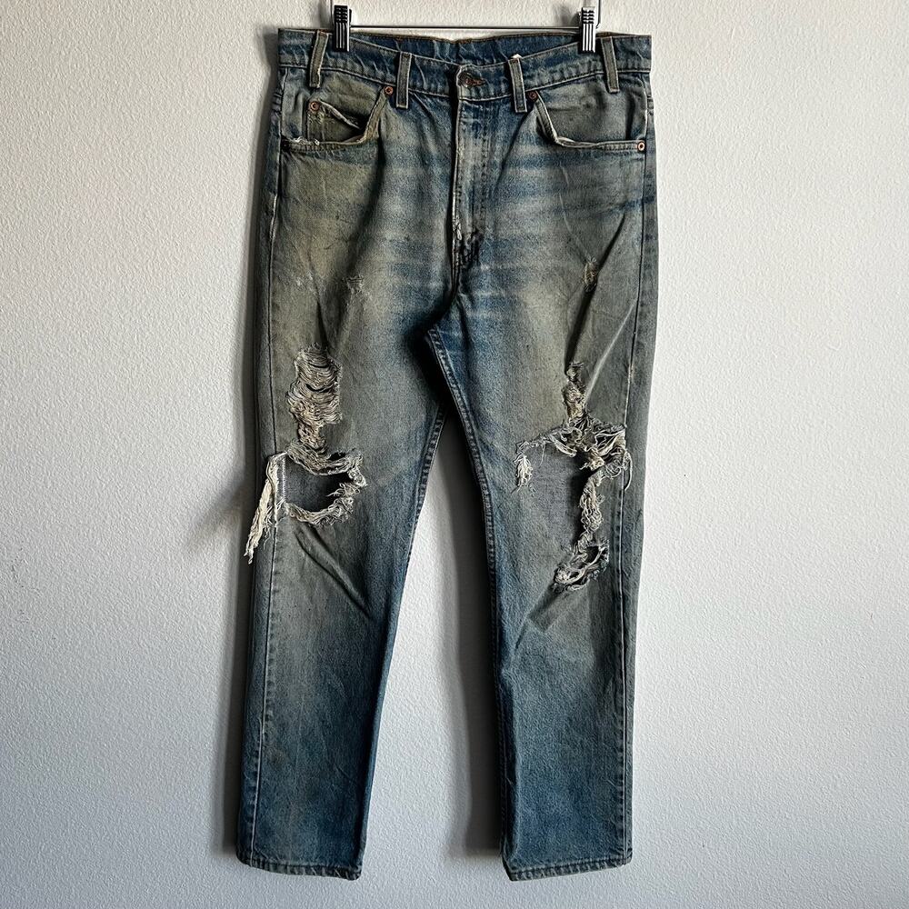 Levi's 505 denim thrashed faded orange tab blue jeans